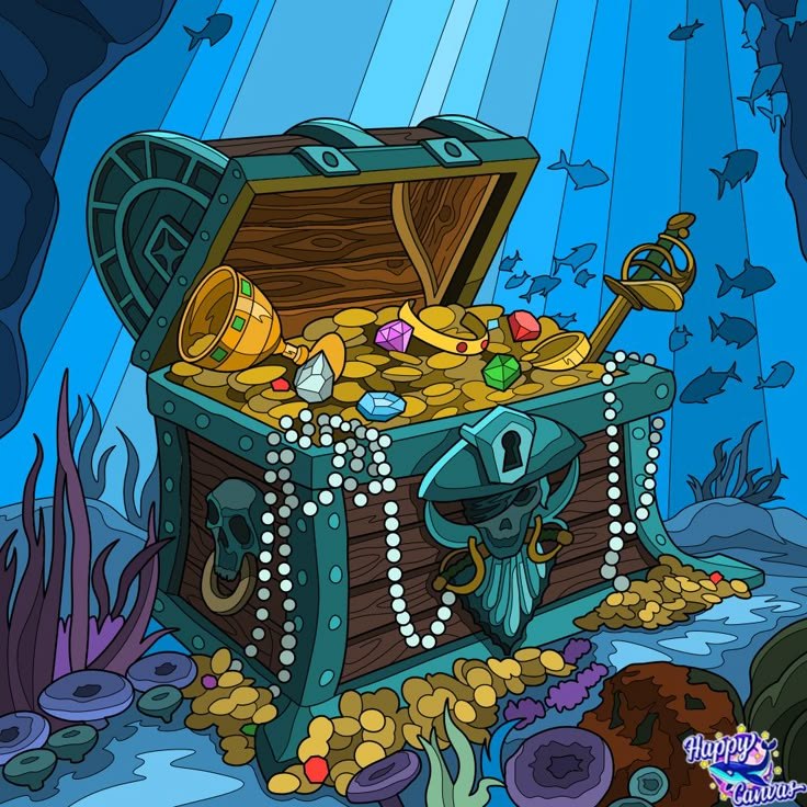 An open treasure chest on the sea floor, full of coins and jewels